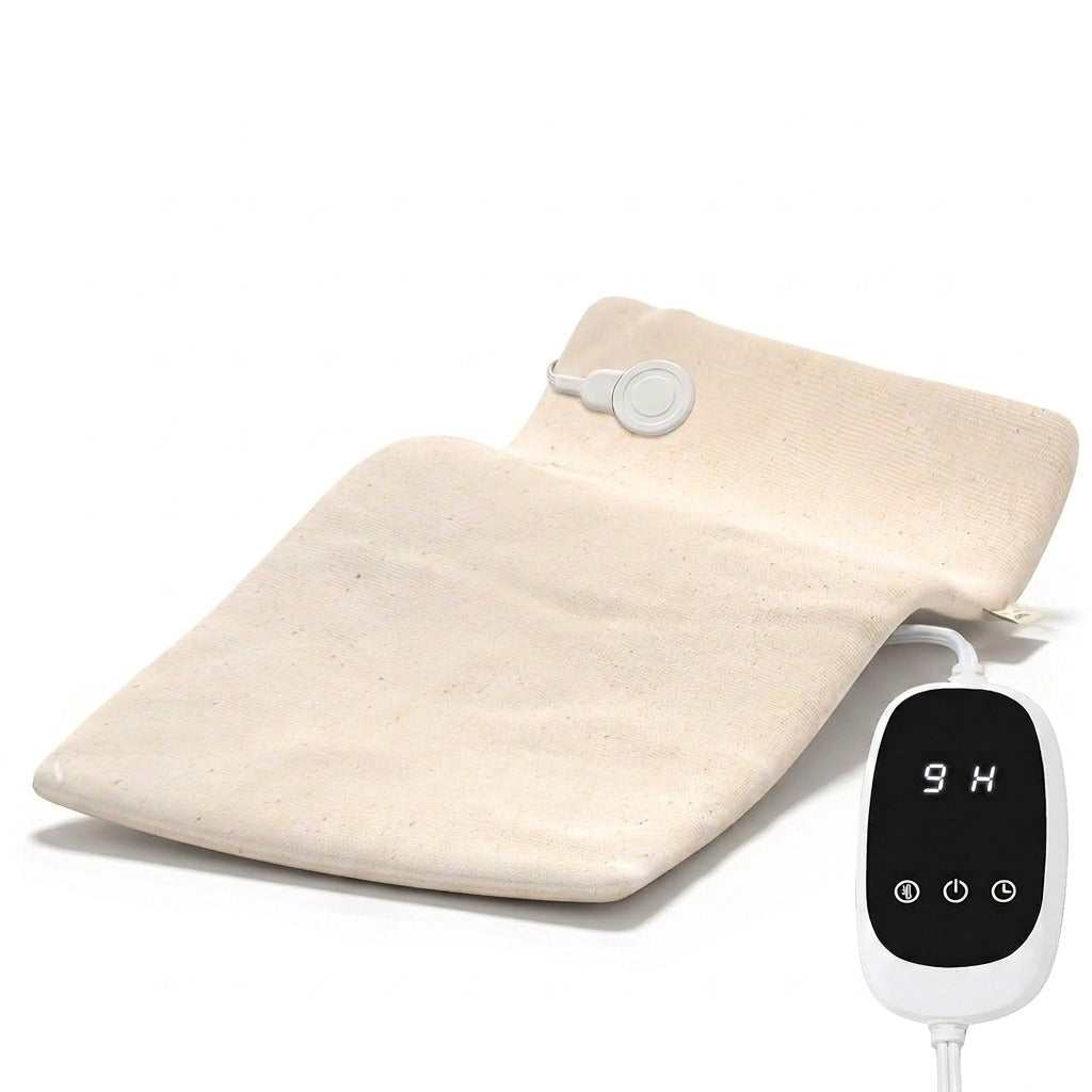 Extra-large 12 x 24 in beige cotton heating pad with LED controller on a white background