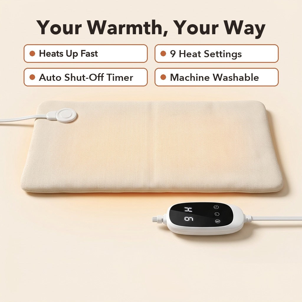 Heating pad with digital controller: heats up fast, 9 heat settings, auto shut-off timer, machine washable