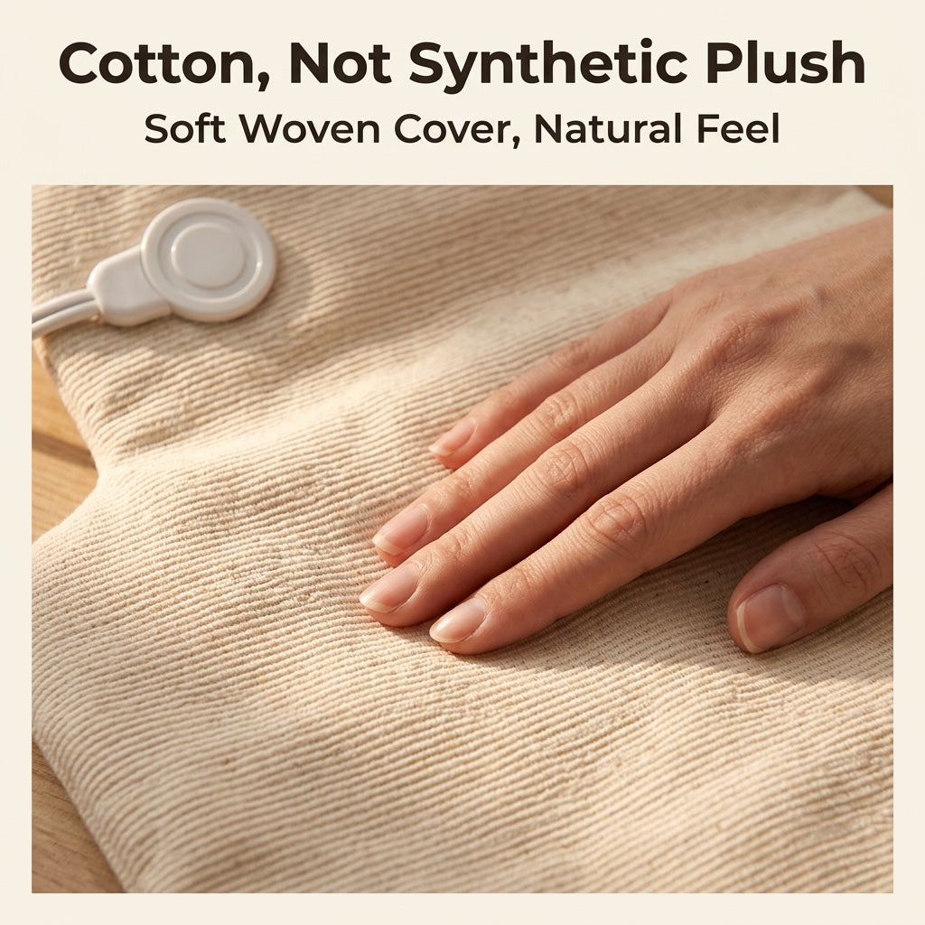 Close-up of the soft woven cotton cover of the heating pad