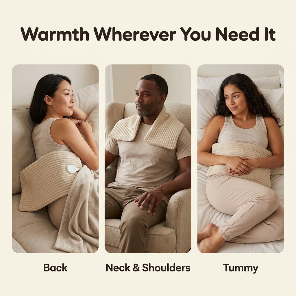 Ways to use the heating pad on the back, shoulders and tummy
