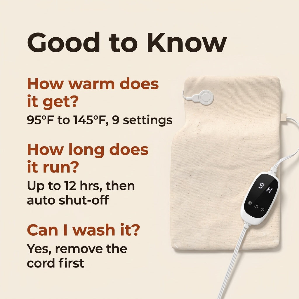 Good to know: 95°F to 145°F in 9 settings, up to 12 hours then auto shut-off, washable after removing the cord