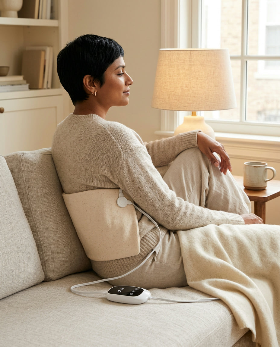 Woman relaxing on a linen sofa with a beige cotton heating pad behind her lower back, white controller on the cushion
