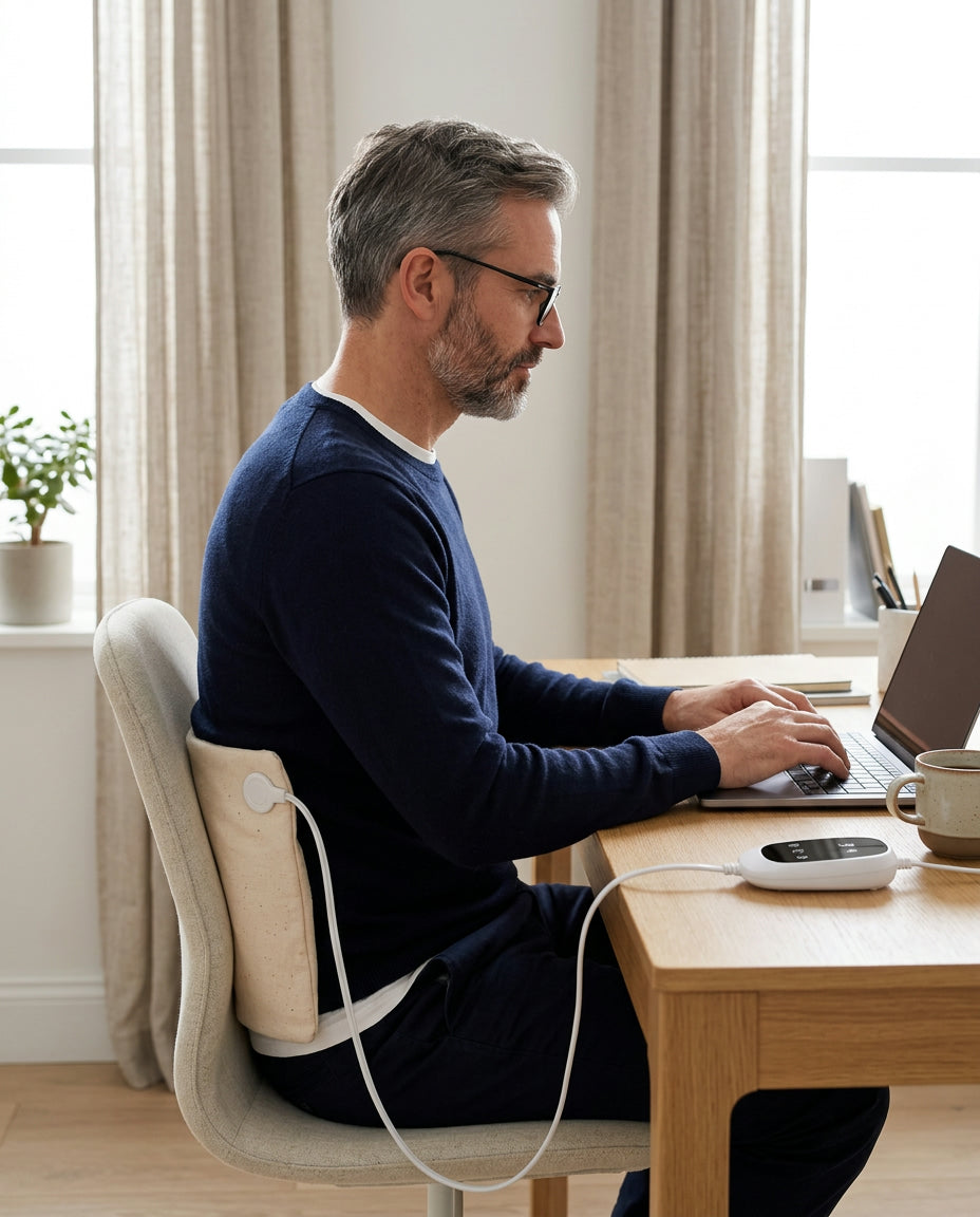 Man working at a home-office desk with a beige cotton heating pad between his lower back and the chair, controller on the desk