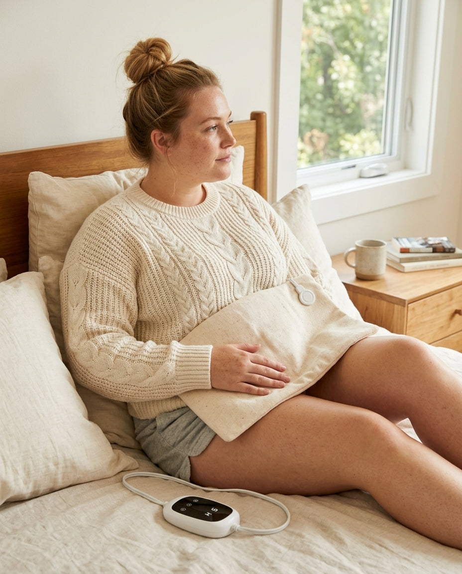 Woman in a cream knit sweater sitting on her bed with a beige cotton heating pad resting over her tummy