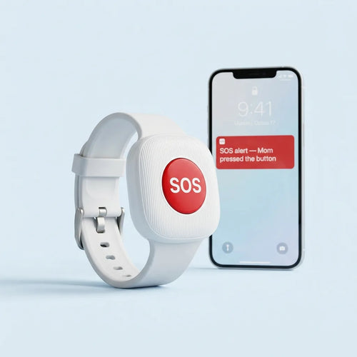 Kinbell SOS alert bracelet with a phone showing an SOS alert
