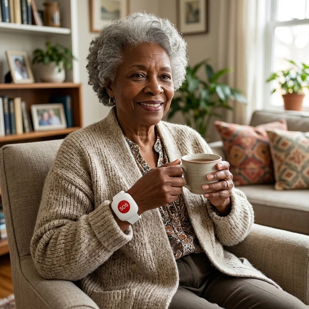 Senior woman at home wearing the Kinbell SOS bracelet