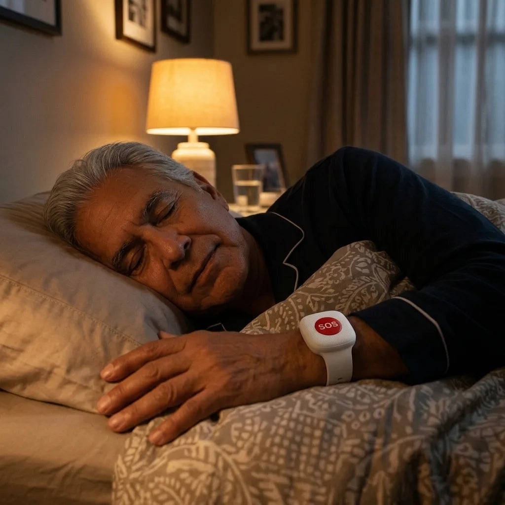 Senior man resting at night with the SOS bracelet on his wrist