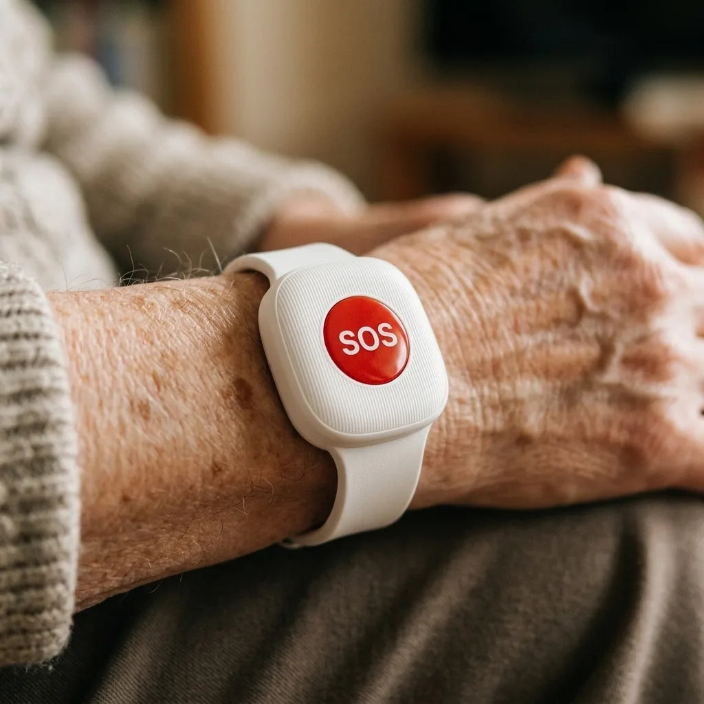 Close-up of the large red SOS button